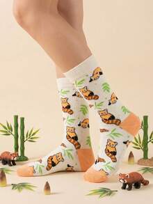 1 par de calcetines medianos unisex con estampado de mapache, calcetines colorblock interesantes, calcetines versátiles adecuados para todas las estaciones - Multicolor - Ver 1