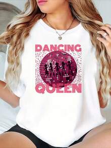 Con una bola de discoteca rojo rosado como pieza central, combinada con siluetas de bailarines vintage y tipografía a rayas, el esquema de colores negro sobre rosa emana un ambiente femenino y vibrante, recreando la atmósfera glamurosa de la discoteca de los años 70. Este producto dulce pero atrevido de alta calidad - Blanco - Ver 7
