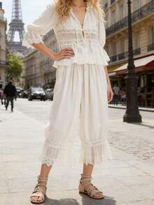 Boho Lace Ruffle Harem Pants For Women Low Rise Drawstring Loose Flowy Casual Lounge Y2k Baggy Trousers Elastic Pantaloons Cropped Flared Slips Pants - 白色 - 查看 2