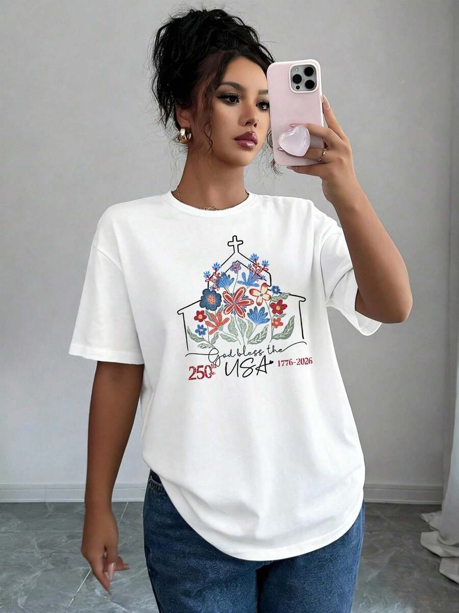 Camiseta Premium para Mujer "God Bless America" para el 250º Aniversario - Camiseta casual de manga corta y cuello redondo con estampado de la bandera de estrellas y rayas, ropa conmemorativa del 250º aniversario, adecuada para el verano, la primavera y el 4 de julio (bandera patriótica) Ecológica - Blanco - Ver 1