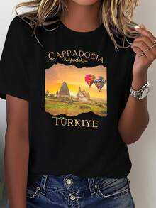 Women's T-Shirt With A Print Inspired By The Natural Beauty Of Cappadocia (Turkey), Short Sleeve Design, Comfortable And Versatile, The First Choice For A Casual Morning Outfit. - 黑色 - 查看 7