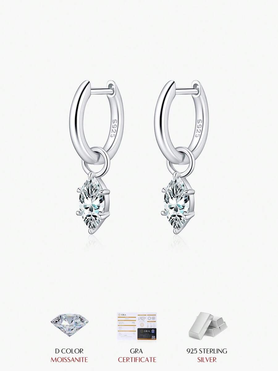 MODIAN 1CT Marquise Cut Moissanite 925 Sterling Sliver Charming Lab Diamond Swing Hoop Earrings For Women Dating Fine Jewelry 1 Sold - Silver - View 1