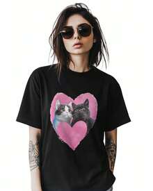 Camisetas de Mujer, Camiseta de Algodón con Estampado de Corazón, Pareja de Gatos, Animal Bonito, Cuello Redondo, Manga Corta, Estilo Casual, Holgada, Color Negro, Talla M - Negro - Ver 2
