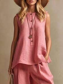 Conjunto femenino de un solo tono look refinado para uso diario - rosa - Ver 2