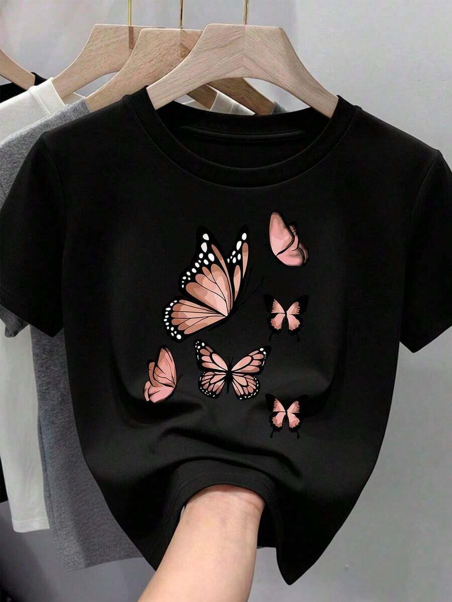 Soft Camiseta para mujer de 100% algodón, suave y cómoda de manga corta y cuello redondo con estampado de mariposas monarca pattern - Negro - Ver 1