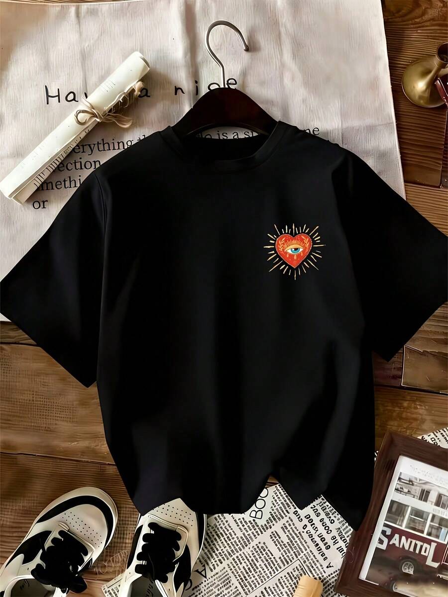 Nuevo y Elegante Diseño de Cuello Redondo para Mujer, Diseño Moderno y Original con Estampado de Corazón - Negro - Ver 1