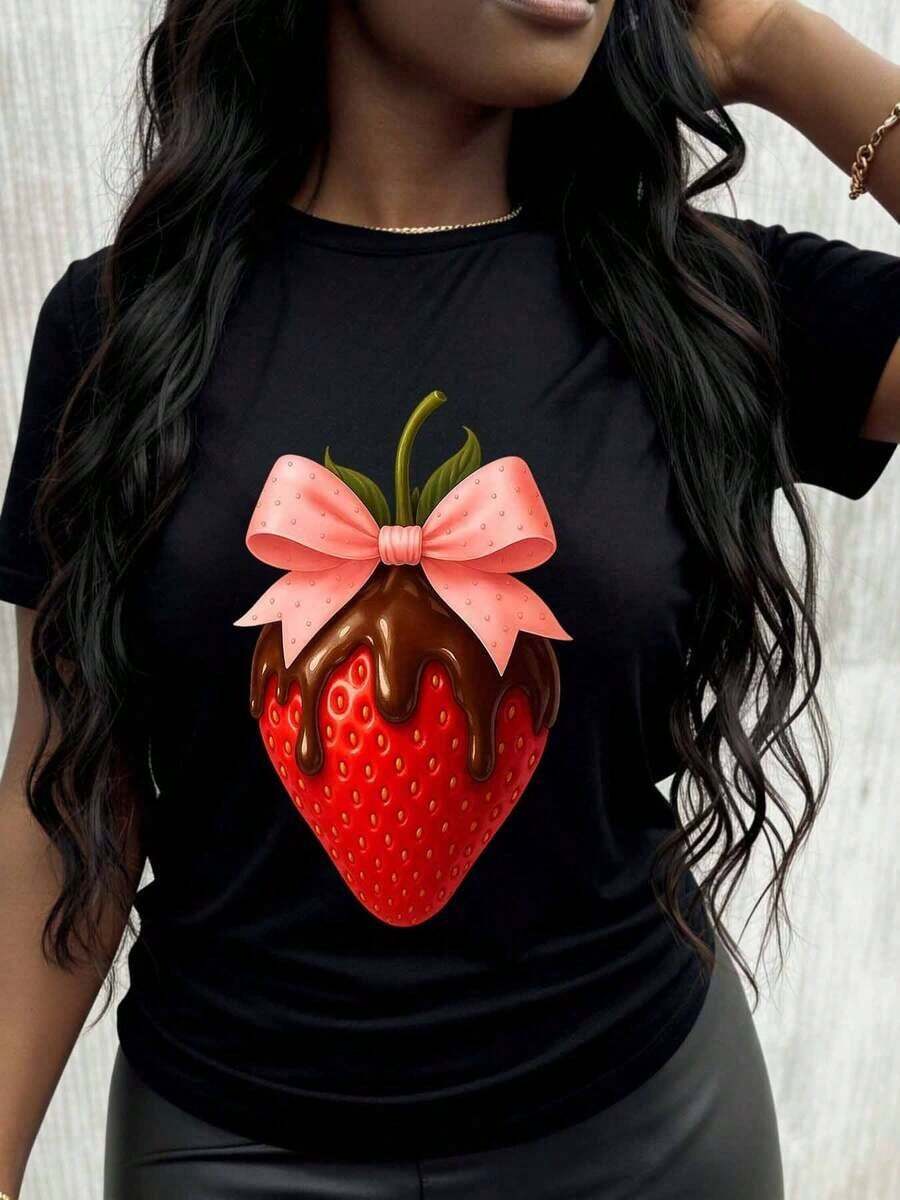 Camiseta de Mujer con Estampado de Lazo y Chocolate con Fresas, Top Casual de Moda para Verano, Playera Holgada para Mujer - Negro - Ver 1
