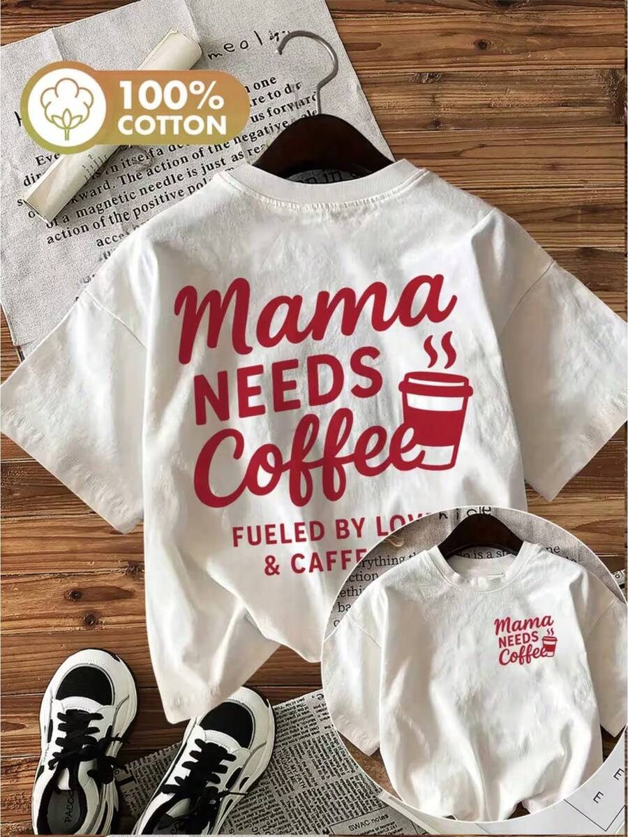 Double-Sided Printed Spring/Summer Fashion Women's Top, Casual Style, Coffee Cup, Text, Heart Print "Mama NEEDS Coffee Fueled", Round Neck Short Sleeve T-Shirt For Women, Everyday Summer And Holiday Wear. - 白色 - 查看 1