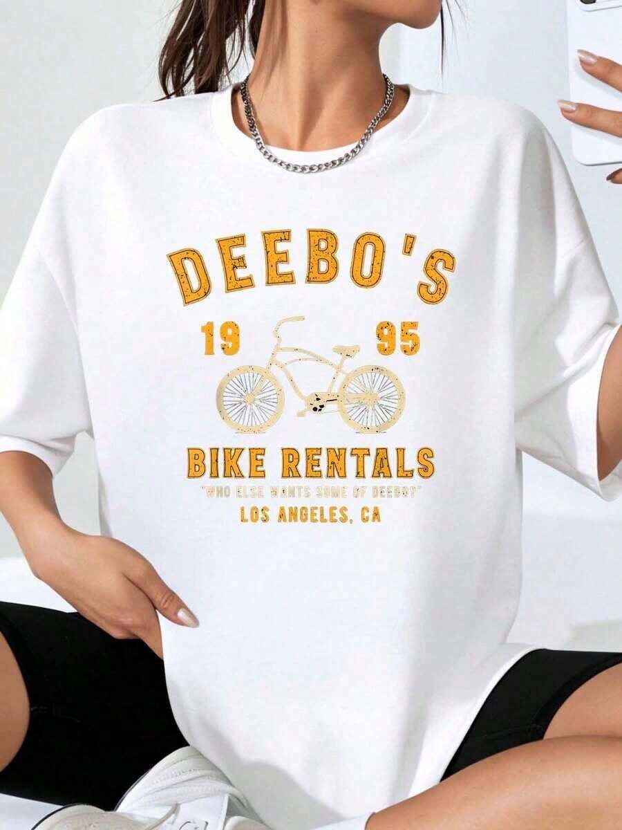 Deebos Bike Rentals 1995 Los Ángeles, California, Camiseta con Gráfico de Bicicleta y Eslogan "¿Quién Más Quiere un Poco de Deebos?", Camiseta Unisex de Talla Grande, Playera Holgada para Mujer - Blanco - Ver 1