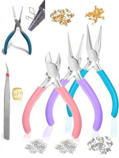 Bộ dụng cụ kìm làm trang sức bằng sắt đen (không dùng điện), bao gồm kìm mũi nhọn, kìm mũi xích, kìm mũi tròn, kìm mũi cong và kìm cắt dây, thích hợp để quấn dây, làm khuyên tai và các vật dụng làm trang sức bằng hạt cườm.