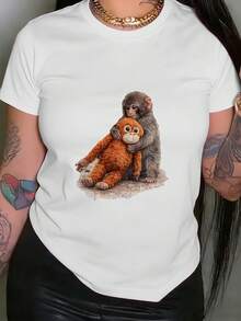 Camiseta casual de manga corta con cuello redondo y estampado de un mono golpeador, perfecta para verano y primavera, diseñada para mujeres - alta calidad. - Blanco - Ver 1