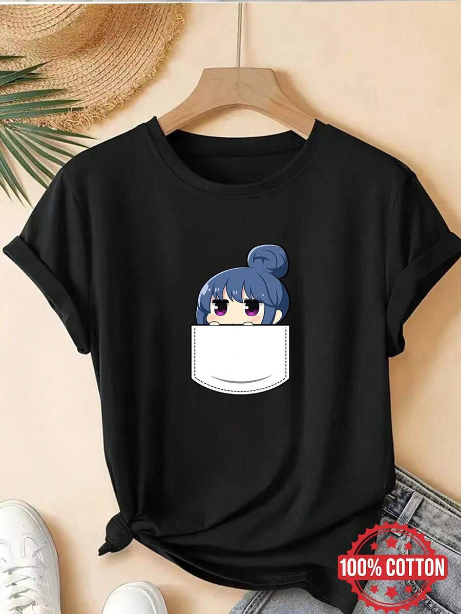 Camiseta de manga corta con cuello redondo para mujer, versátil y con diseño gráfico de anime adorables en el bolsillo, perfecta para fans del manga y la cultura japonesaDaily Casual Round Neck Short Sleeve-Shirt Women - Negro - Ver 1