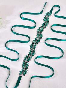 1pc Thin Green Rhinestone Applique Bridal Belt, Fashion Wedding Dress Waist Sash, Decor Accessory For Birthday Cocktail Surprise Theme Parties - Dark Green - View 11