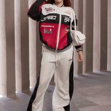 FER DURAN FER DURAN Chaquetas tipo béisbol con estampado de bloque de color y letras para mujer, estilo callejero otoñal, ideal para volver al colegio - Negro - Ver 5