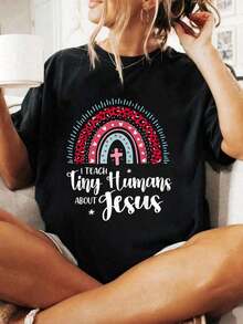 100% Algodón, Camiseta con Estampado 'Enseño a Pequeños Humanos Sobre Jesús', Agradecimiento al Maestro, Camiseta Bíblica para Hombre y Mujer, Suave y Transpirable, Estilo Clásico, Moda de Verano - Negro - Ver 4