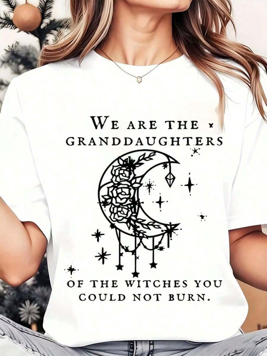 Women's T-Shirt "We Are The Witches' Granddaughters, They Couldn't Burn The Moon And The Stars" With Print, Round Neck, Casual Daily Wear, Soft And Comfortable, Holiday T-Shirt 220g Loose Fit Women's T-Shirt - 白色 - 查看 1
