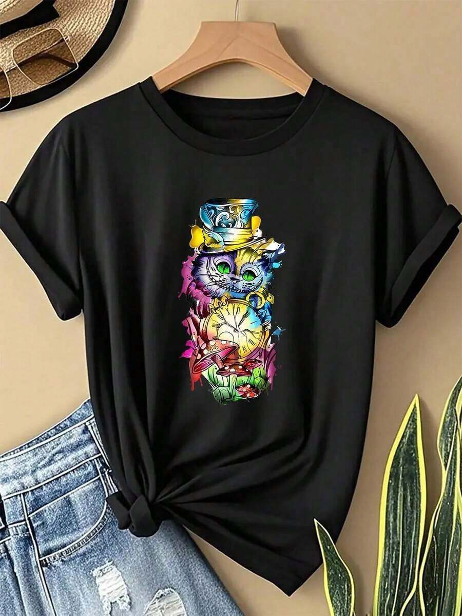 1 pieza de moda informal para hombre y camiseta oficial para mujer - Diseño "Tierra de Ensueño de Alicia", manga corta, cuello redondo, estilo casual adecuado para primavera y verano, tela suave y transpirable, ideal para eventos temáticos y uso diario. Versátil, fácil de combinar, para uso diario, estilo urbano, ropa de vacaciones, ropa de fin de semana. - Negro - Ver 1