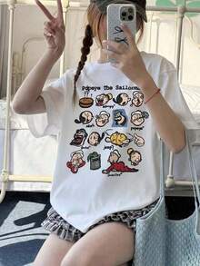 ropa de mujer Camiseta de manga corta con estampado de dibujos animados vintage, diseño único, corte holgado, adecuada para uso casual de verano, estilo veraniego blanco, camisas de mujer - Blanco - Ver 2