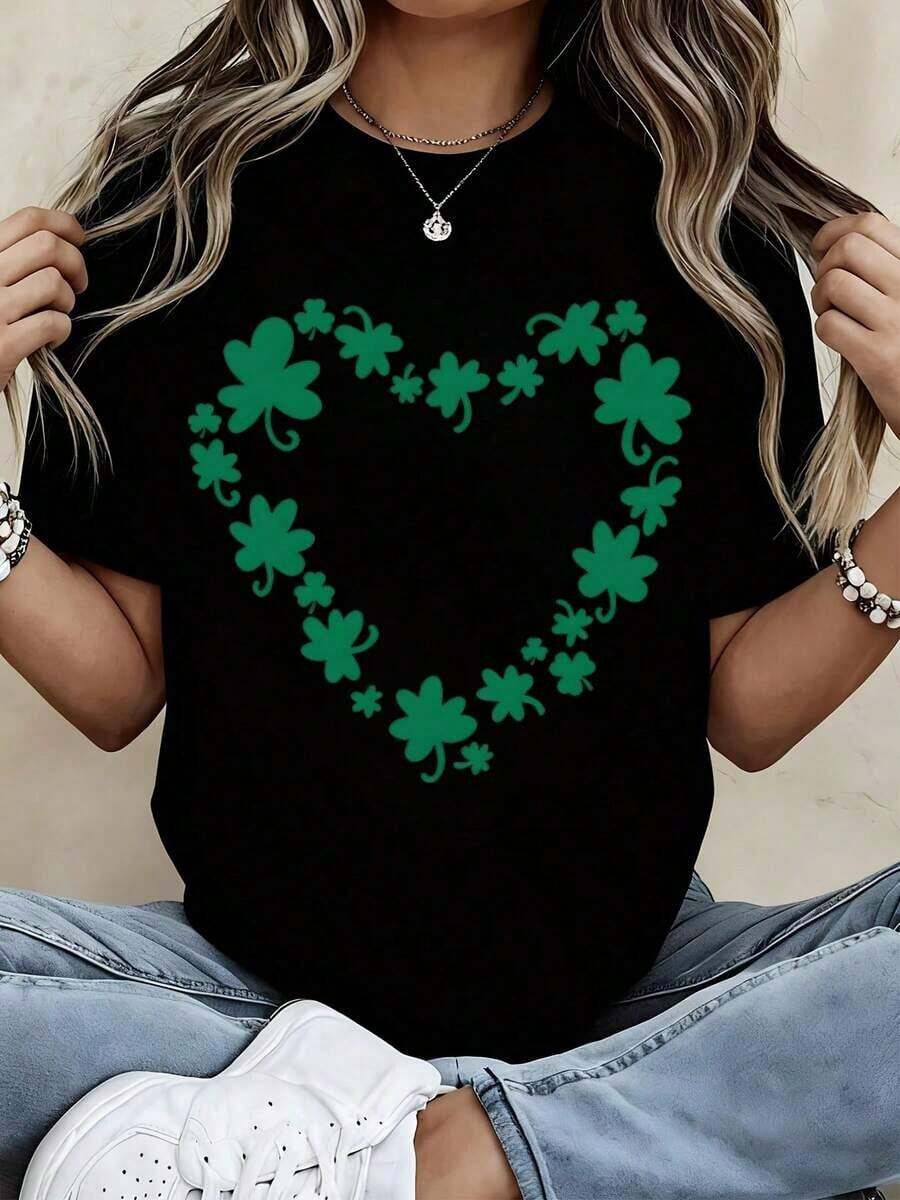 Camiseta con Estampado de Trébol en Forma de Corazón, Negra, para Celebración del Día de San Patricio, Top Casual para Mujer para Ocasiones Festivas - Negro - Ver 1