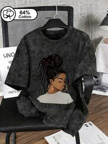 Camiseta para mujer talla grande - Estampado de dibujos animados con motivo de peinado soñador - Acabado vintage con lavado de nieve, manga corta, estilo de ropa urbana, camiseta de verano casual negra para mujer - Negro - Ver 7