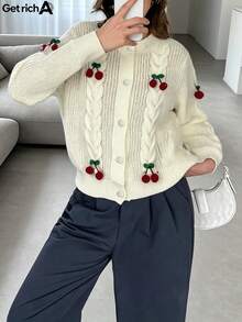 Áo khoác cardigan nữ thanh lịch phong cách thành thị, màu mơ, họa tiết quả anh đào, áo len cardigan dệt kim thoải mái, phù hợp cho mặc thường ngày, đi làm, ở nhà, cổ tròn, tay dài, mùa thu/đông. - Màu be - Xem 1