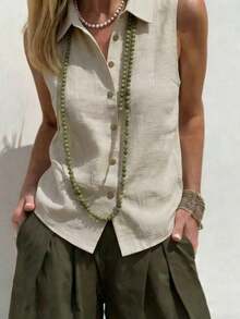 Camisa de lino casual sin mangas para mujer, camisa de oficina para mujer, camisa de playa para mujer, camisa de vacaciones para mujer - Albaricoque - Ver 2