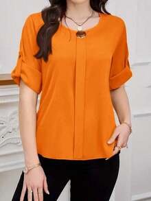 Blusa suelta, elegante y de manga enrollada informal para mujeres, para el verano - Naranja Quemada - Ver 3