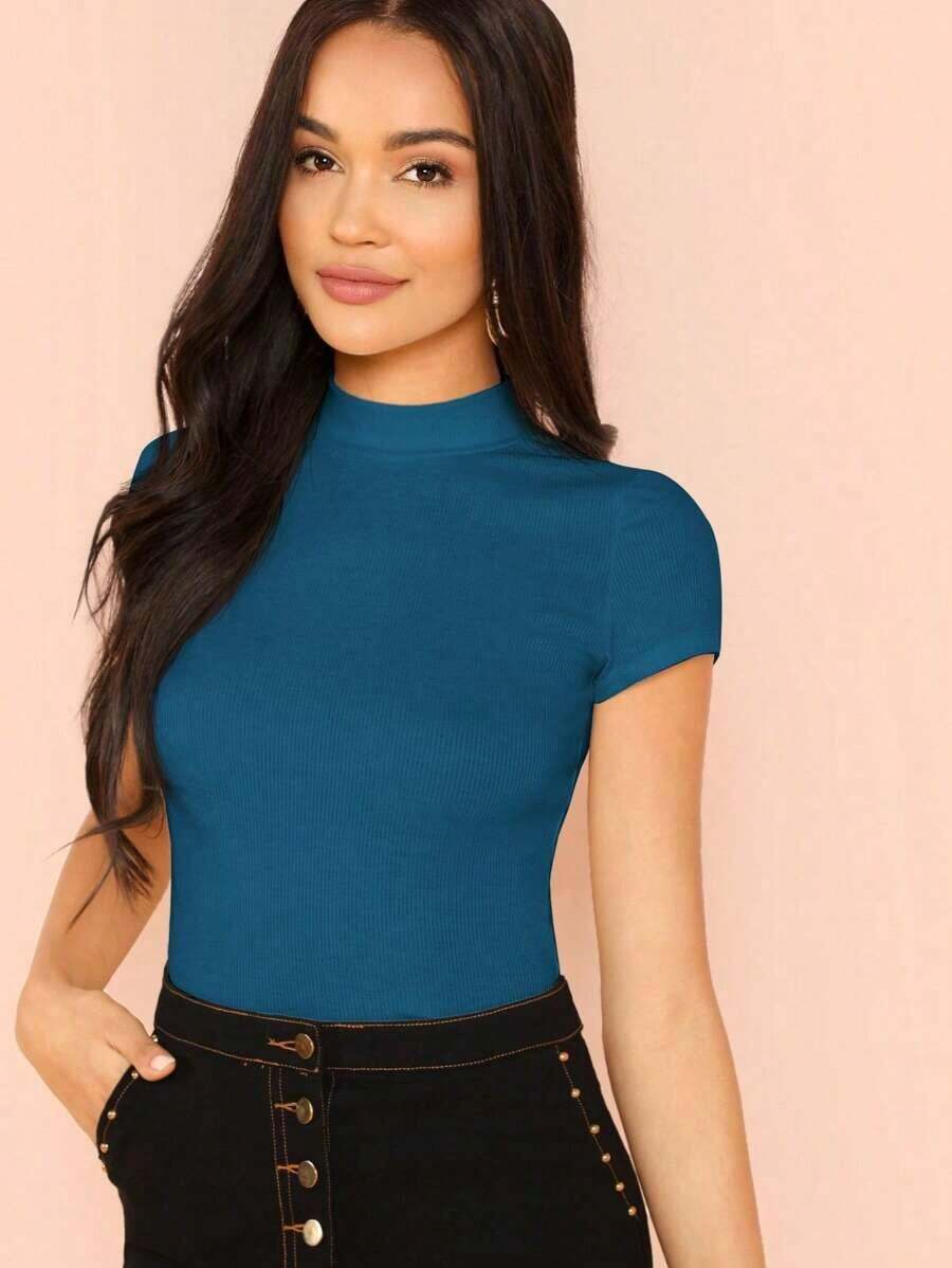 Camiseta Ajustada De Color Sólido Con Cuello Con Cierre - Agua verde azul - Ver 1