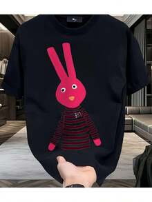 Camiseta de verano de manga corta y cuello redondo para hombre y estudiante con estampado de conejo rosa con cuerpo a rayas.jpg Buen regalo de Halloween[COD] - Negro - Ver 1