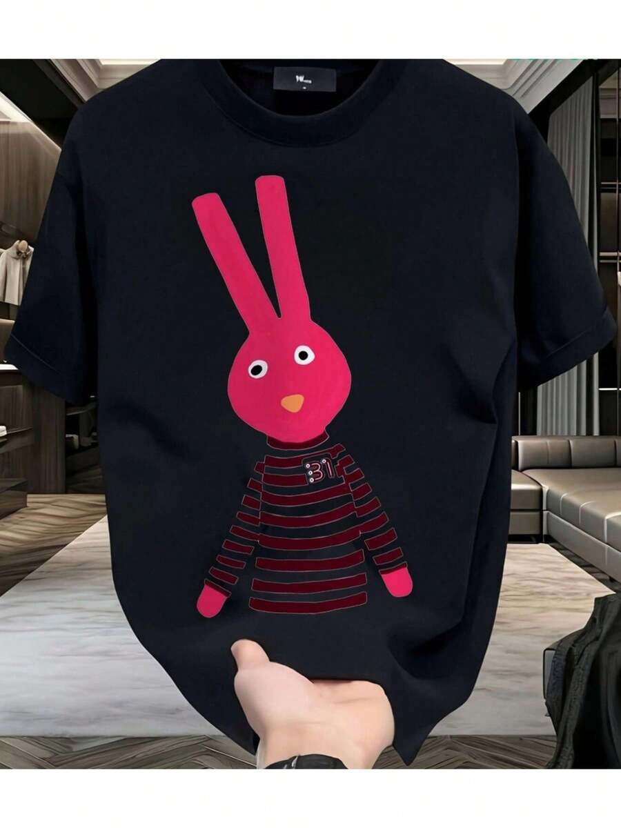 Camiseta de verano de manga corta y cuello redondo para hombre y estudiante con estampado de conejo rosa con cuerpo a rayas.jpg Buen regalo de Halloween[COD] - Negro - Ver 1