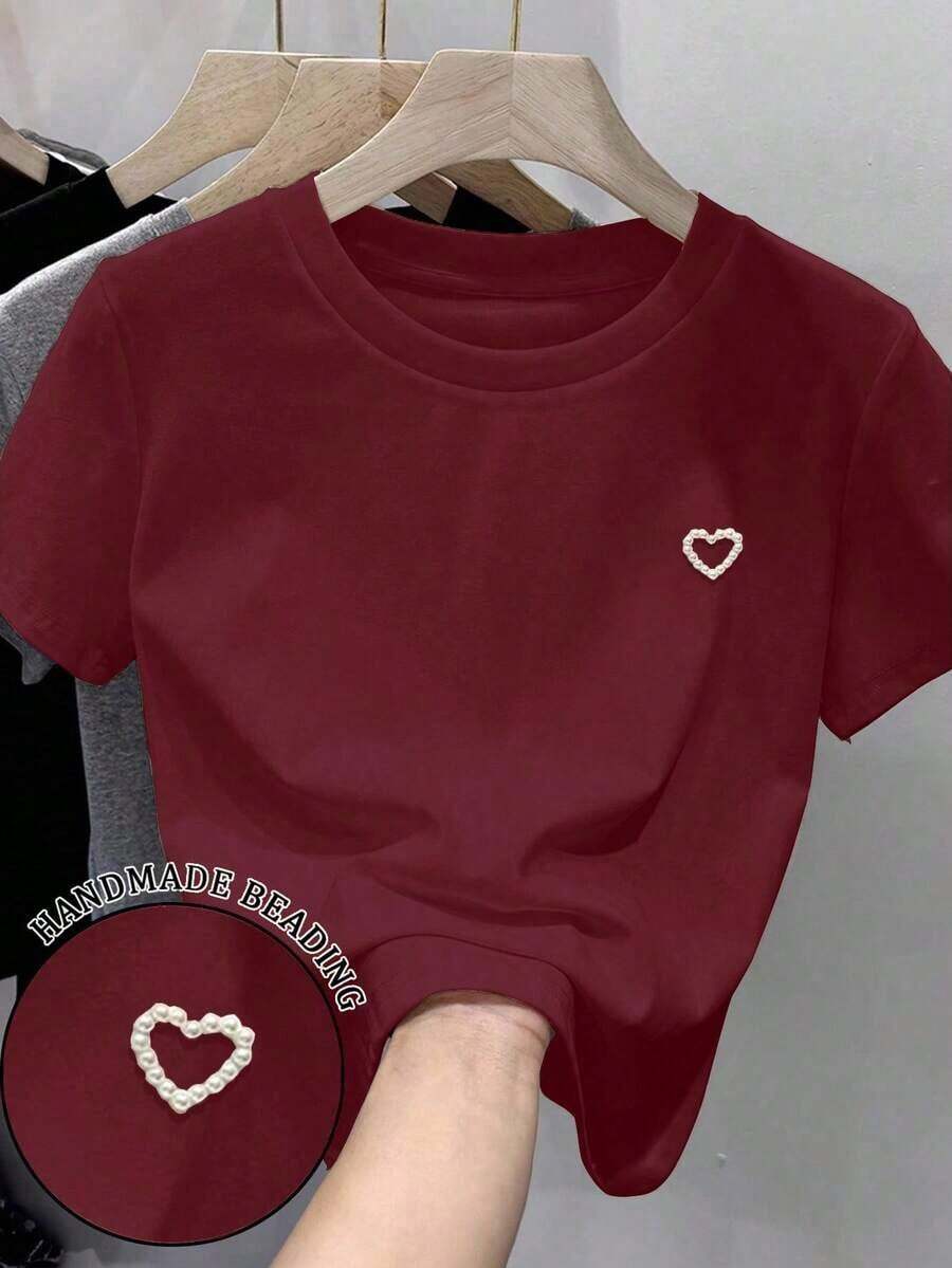 Camiseta de manga corta de unicolor con decoración de tachuelas en forma de corazón, de uso versátil y casual - Multicolor - Ver 1