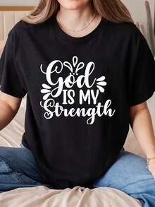 Suave, transpirable y ligero para comodidad durante todo el día. Camiseta de mujer con estampado "Faith And God, God Is My Strength", cuello redondo, camisetas, camiseta de manga corta con estampado de letras grandes - estilo casual y holgado, lavable a máquina, moderna y versátil para todas las estaciones - 220g. Cuello redondo clásico con un corte relajado que favorece todas las formas del cuerpo y es fácil de combinar con jeans, shorts y leggings. - Blanco - Ver 8