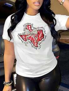 Top Casual de Manga Corta con Cuello Redondo y Estampado de Lazo Estilo Texas para Mujer, Perfecto para Primavera y Verano. Adecuado para primavera, verano y otoño. - Blanco - Ver 7