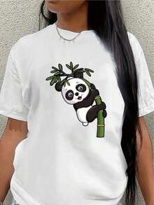 Polyester Short-Sleeved T-Shirt, Printed With A Cute Panda Design, Lightweight And Durable, Suitable For Casual Wear At Home, In Cafes Or During Outdoor Activities, Made Of Soft Fabric. - 白色 - 查看 7