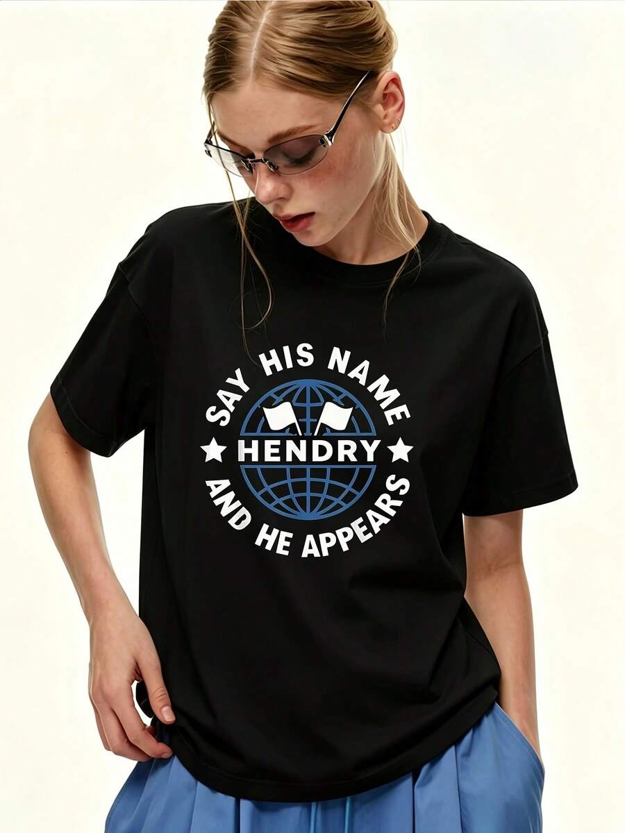 Camiseta Estampada Hendry de 180g para Mujer, Talla - Corte Holgado, Cuello Redondo, Manga Corta, para Reuniones Familiares, Regalos de Cumpleaños y Eventos de Equipo, Lavable aáquina, Estilo Casual Vintage Unisex, Camiseta de Algodón de Manga Corta y Cuello Redondo. - Negro - Ver 1