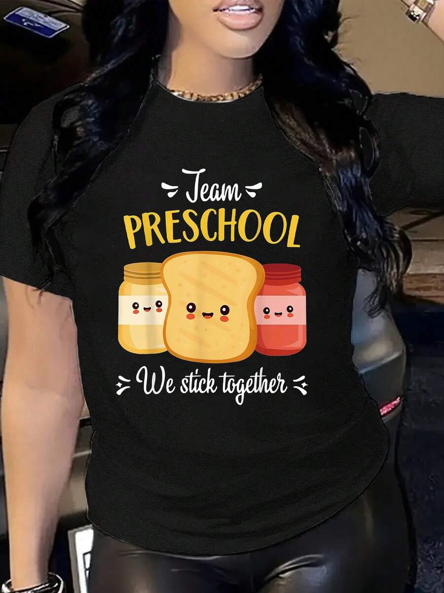 Uniforme Divertido de Maestra de Preescolar para Mujer de Talla - Conjunto de Maestra con Cuello Redondo Elástico, Camiseta Negra Estampada para Mamás y Educadoras - Top Casual Lavable aáquina - Camiseta Unisex de Manga Corta y Cuello Redondo de Algodón Suelto Estilo Vintage Urbano - Negro - Ver 1