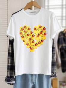 Camisetas Gráficas de Cuello Redondo Extra Grandes para Mujer, Camiseta 100% Algodón, Estampado de Pato en Forma de Corazón, Ropa Casual, Tops Holgados de Manga Corta para Primavera, Camisetas Básicas de Moda de Verano, Regalo de Ropa para Mujeres |     Diseño exquisito |     Suelto y cómodo |     Fácil de combinar | - Blanco - Ver 2