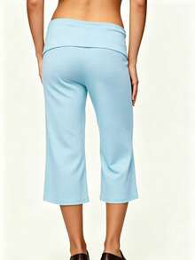 Womens Low Rise Capri Pants Fold Over Waistband Solid Color Slim Fit Cropped Pants Trousers - 天藍色 - 查看 3