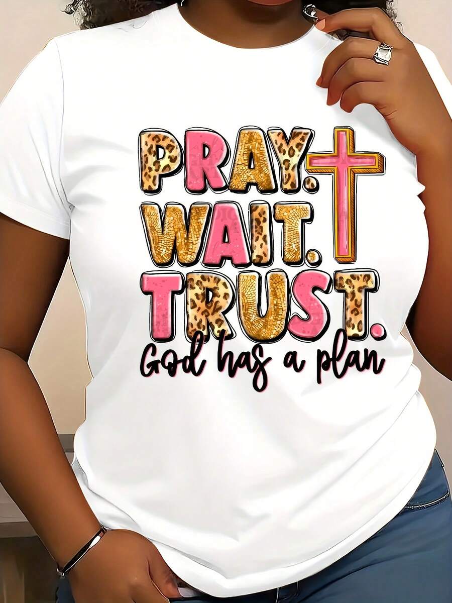 Suave, transpirable y ligera para comodidad durante todo el día. Camiseta inspiradora para mujer, estampada con "Pray".Esperando.Confianza.La frase "Dios tiene un plan" - Diseñada como una camiseta casual de cuello redondo, mangas cortas, tela suave, corte regular, adecuada para todas las estaciones, 180Gsm, lavable a máquina. Cuello redondo clásico con un corte relajado que favorece todas las formas del cuerpo y es fácil de combinar con jeans, shorts y leggings. - Blanco - Ver 1