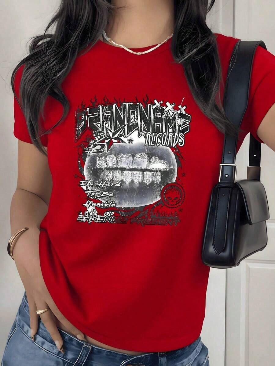 Flame And Skull Graphic Print T-Shirt, 180g, 1 Piece, Punk Rock Style, Casual For Women, 100% Cotton, Vintage Streetwear Style - 紅色 - 查看 1