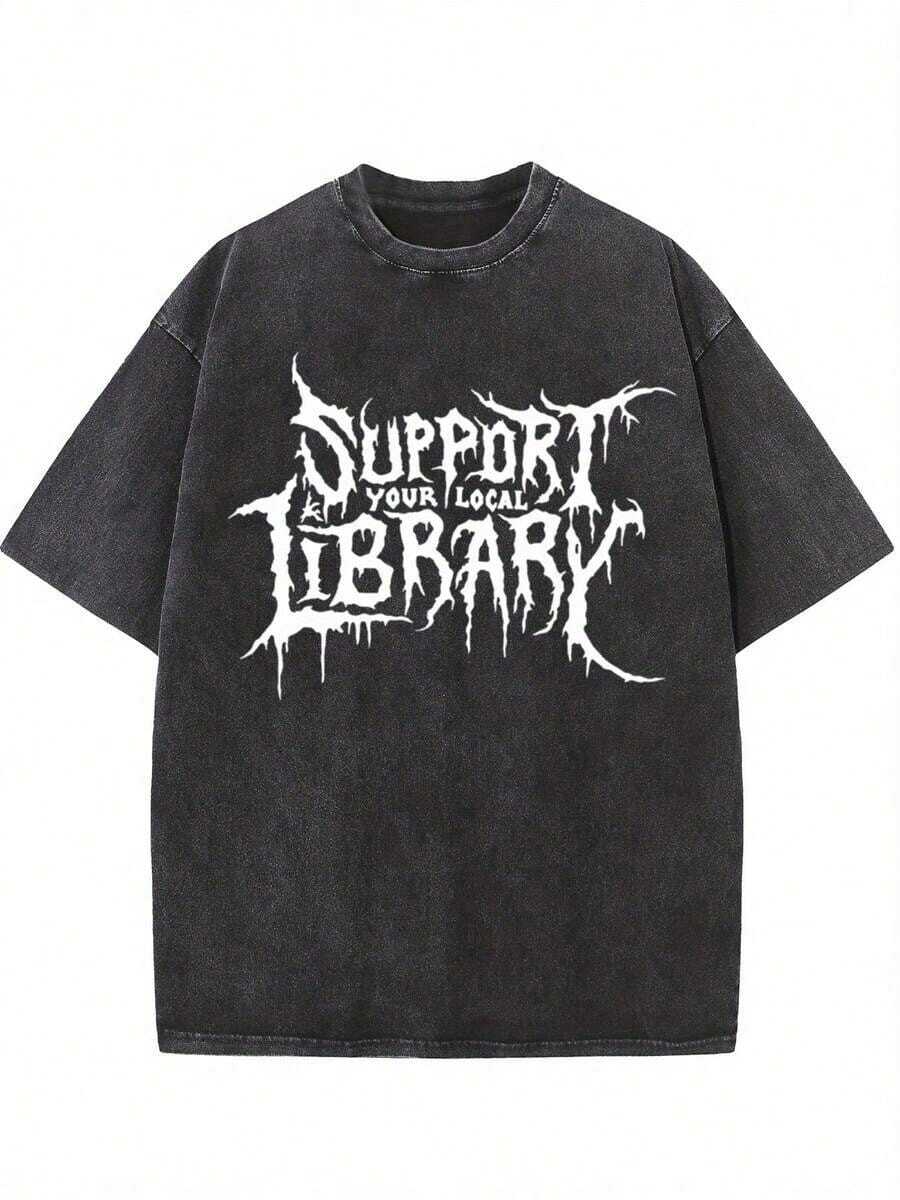 Camiseta Oversize Lavada de 230g, Apoya tu Biblioteca Local, Regalo para Bibliotecarios, Camiseta Gótica, Camiseta Casual Unisex de Manga Corta y Cuello Redondo, Ropa Transpirable y Elegante para el Verano, Regalo Ideal para Amigos y Familiares, Camiseta de Talla Grande Adecuada para Todas las Temporadas, El Regalo Perfecto para Él - Negro - Ver 1