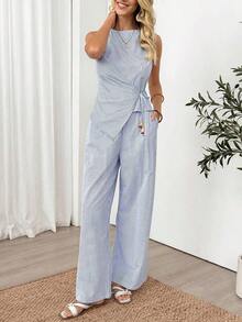 Conjunto de 2 piezas con blusa de cuello en V con lazo en la cintura y volantes en el bajo asimétrico, y pantalones de pierna ancha con cintura elástica, estilo casual, relajado, elegante y vintage para mujer en primavera/verano - Multicolor - Ver 8