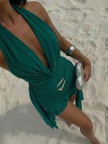 Nuevo vestido mini de malla verde con escote en V profundo, cuello halter, espalda descubierta, ajustado, volante asimétrico en el bajo, ideal para fiestas, festivales de música, bodas y vacaciones en la playa, perfecto también para el Día de San Patricio y festivales de música con estilo bohemio - Gris - Ver 2