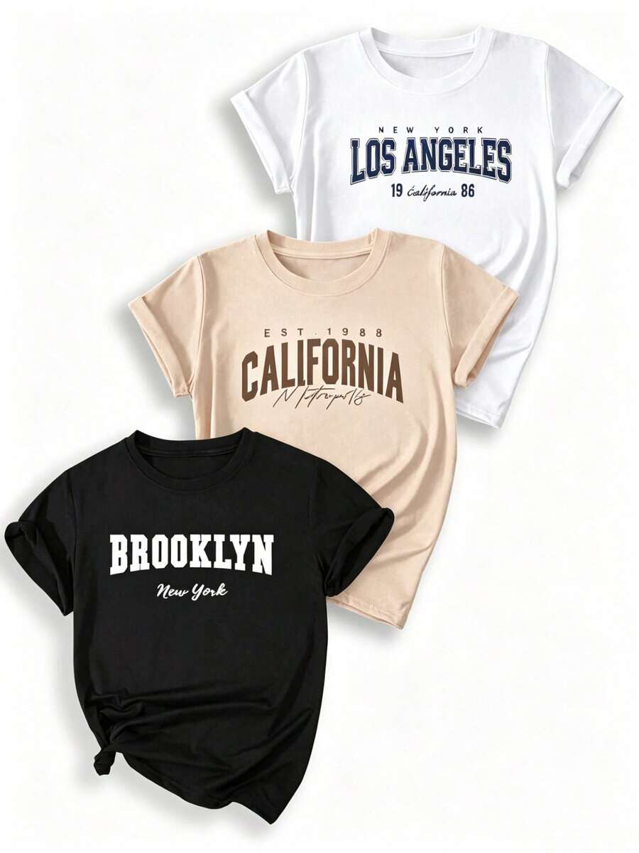 Camiseta de Mujer, Paquete de 3 piezas/set de camisetas de manga suitable for streetwear, Top oversized cuello redondo daily outings, camping, concerts, hip-hop, rock, and rap events, con Nombre de Ciudad (Nueva York, California, Los Ángeles), Camiseta Casual de Cuello Redondo y Manga Corta, Varios Colores Disponibles, Ropa de Mujer - Negro - Ver 1