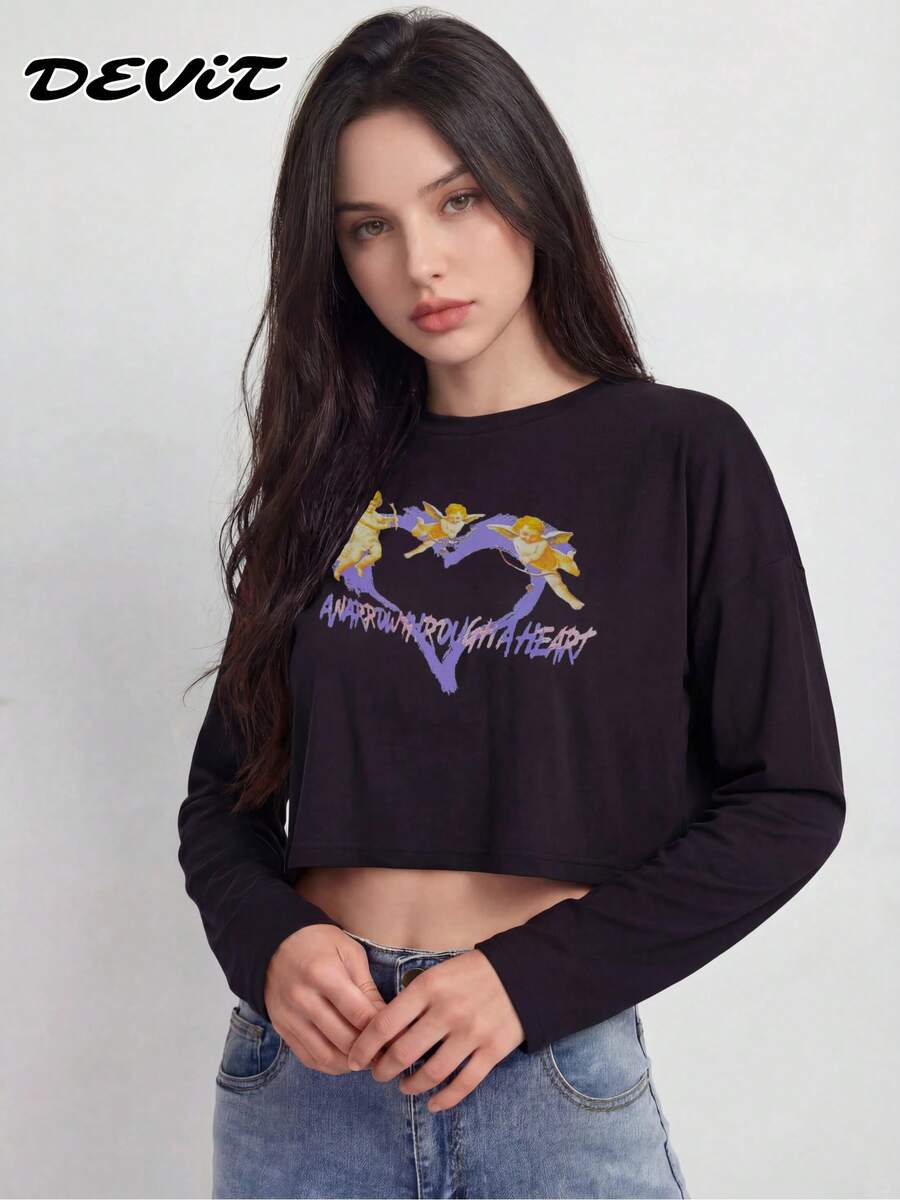 DEVIT Crop Top Negro Estampado Ángeles Y2K Manga Larga Estilo Streetwear - Negro - Ver 1