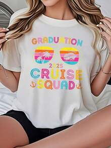 Camiseta de Mujer con Estampado de Graduación y Crucero, Opciones en Blanco y Negro, Camiseta Gráfica, Conjuntos de Verano para Mujer, Camisetas de Algodón Vintage Bonitas, Camisetas Gráficas de Verano, Conjuntos de Verano para Mujer, Camisetas Gráficas para Mujer, Tops Cortos para Mujer, Camisetas de Algodón Vintage Bonitas para Mujer, Playera Holgada para Mujer - Blanco - Ver 7