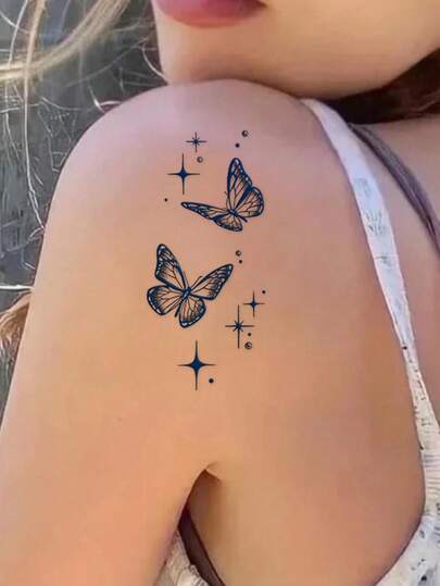 CAT QUEEN ART Temporary Tattoo, Minimalist Starry Butterfly Design Y2K Tattoo, Suitable For Music Festivals, Valentine's Day, Carnival, DIY Party Gifts, 1-2 Weeks Waterproof Fade-Resistant Natural Plant-Based Ingredients Realistic Temporary Tattoo Sticker