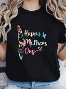 1 pieza Camiseta negra con estampado de mariposa para el Día de la Madre, cuello redondo, camiseta casual de algodón, tela de elasticidad media, corte regular para mujeres, para primavera/verano/otoño, 180g, 100% algodón. - Negro - Ver 1