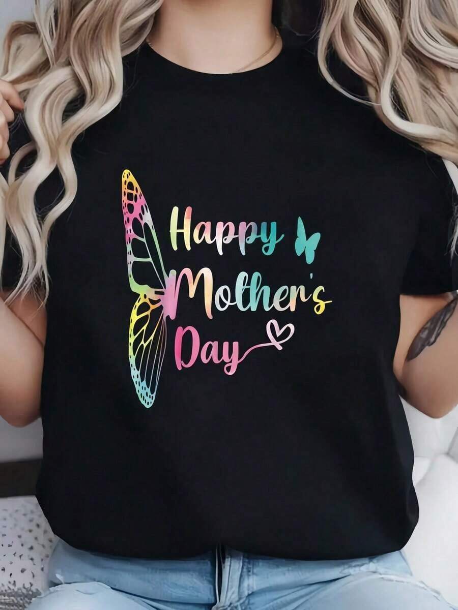 1 pieza Camiseta negra con estampado de mariposa para el Día de la Madre, cuello redondo, camiseta casual de algodón, tela de elasticidad media, corte regular para mujeres, para primavera/verano/otoño, 180g, 100% algodón. - Negro - Ver 1