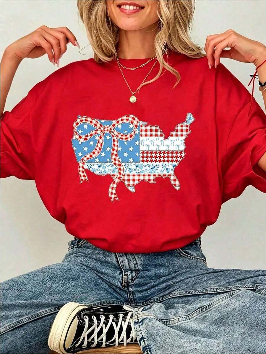 Elegante Camiseta de Algodón de Manga Corta para Mujer con Estampado Patriótico del Mapa de EE. UU., Cuello Redondo, Corte Regular, Top Casual, Ropa Fresca de Verano para Mujer - Rojo - Ver 1